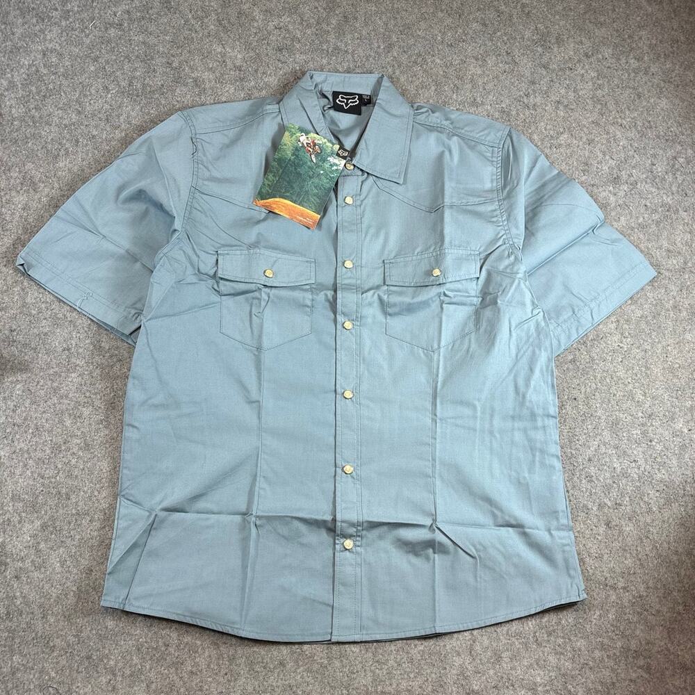 NWT Vintage Y2K Fox Racing Western Shirt Mens Blue Pearl Snap Biker Sports Large